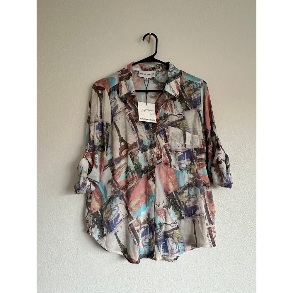 Alex & Parker Womens Paris Travel Print Roll Tab Sleeve Shirt Multi Color M